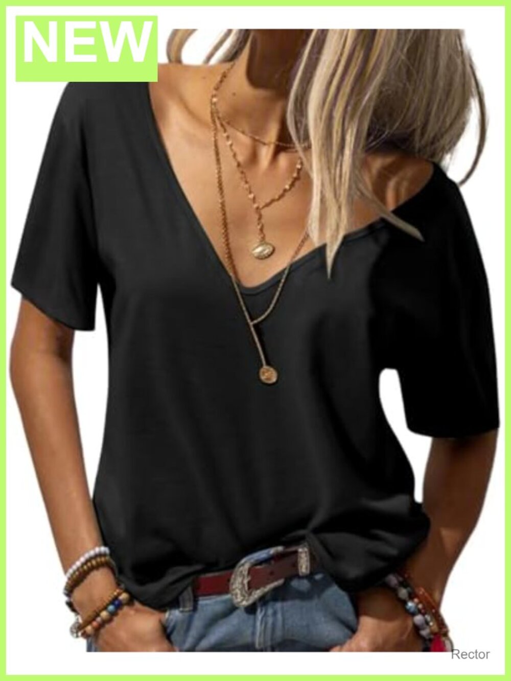 Women's Deep V Neck Short Sleeve Loose Fit Casual Tee Top